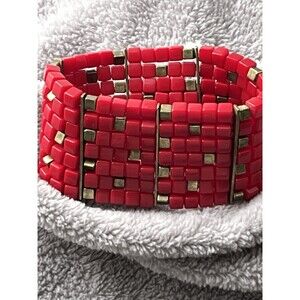Retro Mod Red Cube Beaded Stretch Bracelet Wide Band